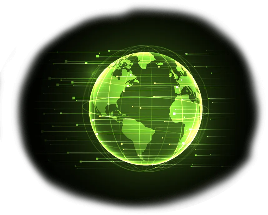 Green globe with digital lines and data points symbolizing global connectivity