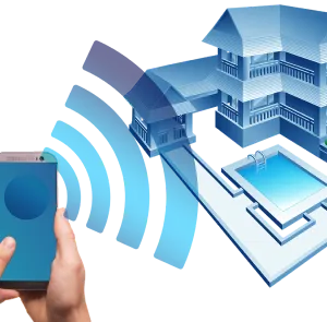 A smartphone controlling a smart home system, shown interacting with a pool and house