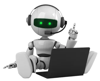A robot with a headset interacting with a laptop, symbolizing AI-powered customer service