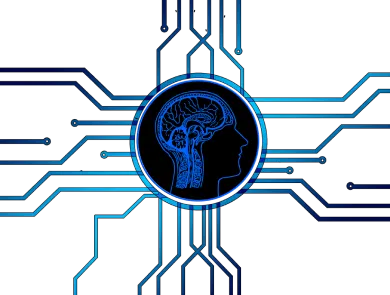 A graphic representing artificial intelligence with a brain icon surrounded by circuit lines