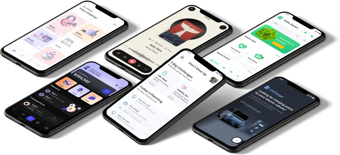 Group of smartphones displaying various apps, including shopping, audio, and planning interfaces