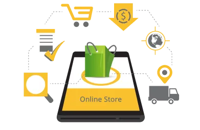 Tablet with icons related to online shopping, transactions, and services