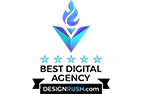 DesignRush logo featuring a blue flame and stars with the text 'DESIGNRUSH.com' below