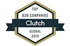 Clutch award badge for 'Top B2B Companies Global 2019' featuring a trophy and ribbon design