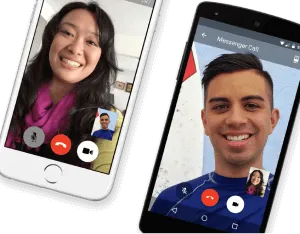 Two smartphones showing a video call interface with users smiling during a live call