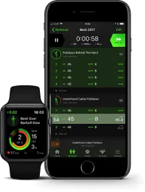 A fitness app showing workout tracking data on an iPhone with a connected smartwatch