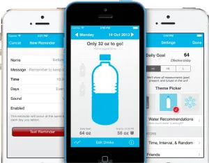 A hydration reminder app displaying a goal to drink water, with progress indicators