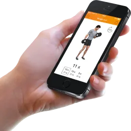 A workout app showing a person performing a weightlifting exercise, with sets and reps