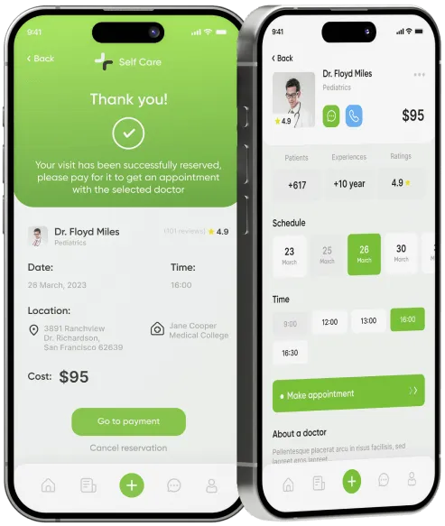 A healthcare appointment app showing successful booking details, doctor information, and payment