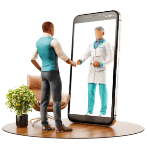 An illustration of a person interacting with a doctor via video call on their smartphone