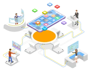 A team working with various mobile and technology interfaces connected to a central hub