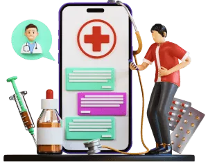 A health app showing a doctor on a mobile screen, with a patient interacting through messages