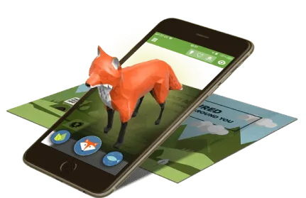 Smartphone displaying a 3D fox in augmented reality on a nature background