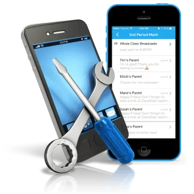 A smartphone showing a messaging app with notifications for school updates