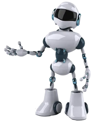 A humanoid robot standing and gesturing with a raised hand, representing automation or AI