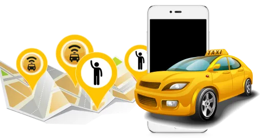 A taxi service app with a yellow car, maps, and location pins showing pickup and drop-off spots