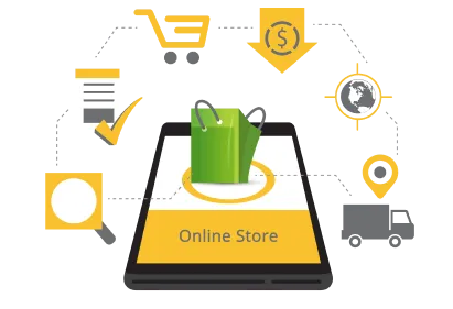 An online store interface with icons for shopping, payment, security, and global delivery