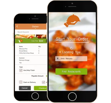 Mobile app for food ordering, showing a list of items, total cost, and checkout options