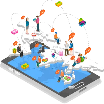 An illustration showing a smartphone with users around the world shopping and interacting with gift icons