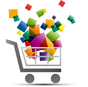 A shopping cart overflowing with colorful geometric shapes, symbolizing online shopping