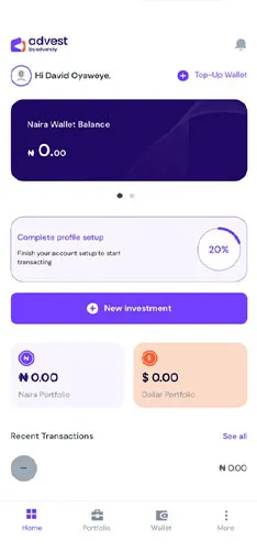 App interface with wallet balance, transactions, and investment options
