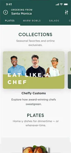 A food delivery app showcasing collections and plates from featured chefs