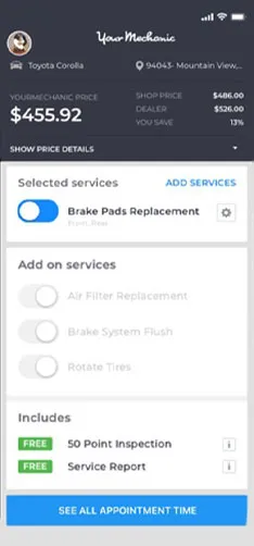 Car repair app interface displaying price details and services like brake pad replacement