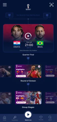 A sports app showcasing a match between Croatia and Brazil with live streaming options