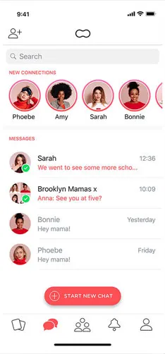 A messaging app interface showing new connections and ongoing chats with friends