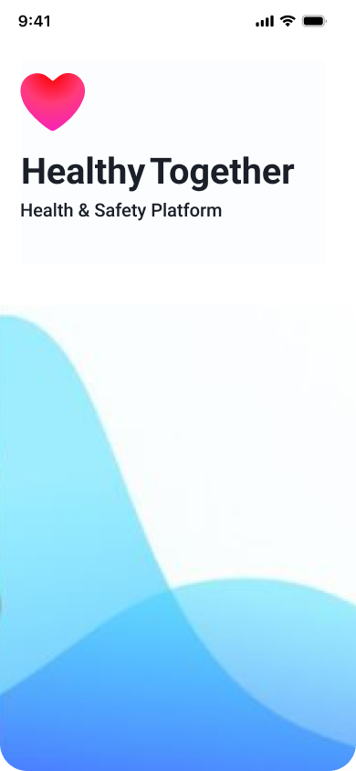Mobile app screen for 'Healthy Together' with health and safety platform details and a heart icon