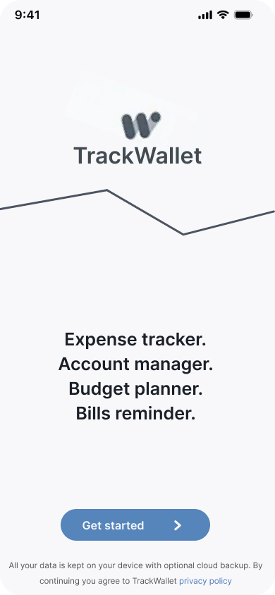 Mobile app welcome screen for TrackWallet with options for expense tracking, account management, budget planning, and bill reminders
