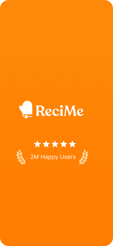 Orange app screen with the name 'ReciMe,' five stars rating, and text '2M Happy Users
