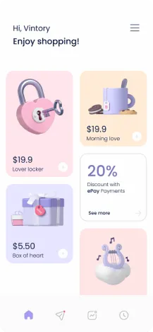 Mobile shopping app screen displaying products with prices, including a lock, mug, gift box, and heart-shaped item, along with a 20% discount offer