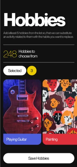 Mobile app screen displaying a list of hobbies including playing guitar and painting with options to save