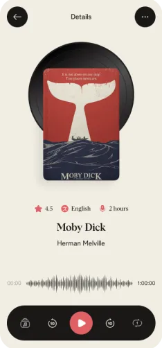 Podcast player showing 'Moby Dick' book cover with playback controls and duration