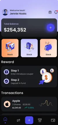 Mobile app screen displaying total balance, stock investments, rewards, and recent transactions