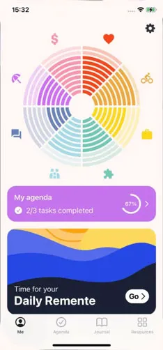 A task management app showing a colorful progress wheel and agenda tasks