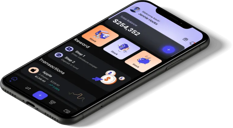 Mobile app screen displaying total balance, rewards, stock options, and recent transactions with a sleek, dark design