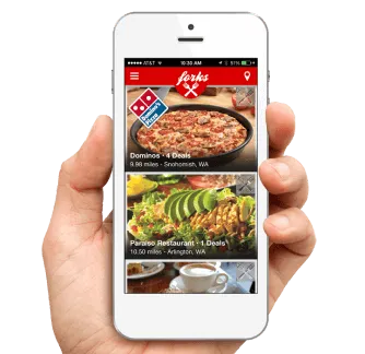 Smartphone displaying a food delivery app showing pizza and restaurant meal deals