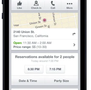 Mobile app showing restaurant location, opening hours, and available reservation times