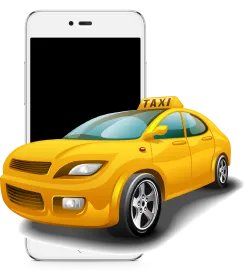 A taxi app image showing a yellow taxi car emerging from a smartphone