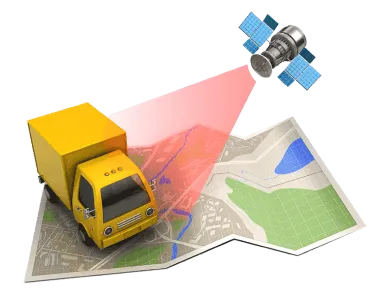 A GPS tracking system showing a yellow delivery truck being tracked by a satellite over a map