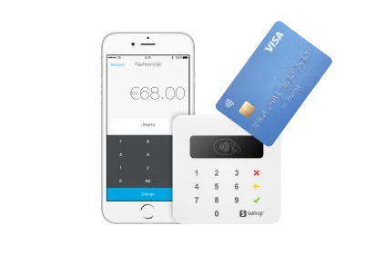 A mobile payment app with a card reader, phone screen displaying payment amount, and a Visa card