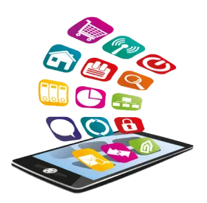 A smartphone with floating app icons representing various services like shopping, security, and communication