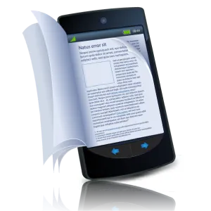 A mobile device displaying an e-book with a page turning animation