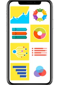 A smartphone screen showing various data visualization graphics, such as graphs and charts