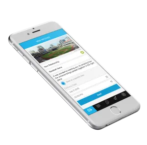 A social media app displaying a post with a photo and text about a meeting or event