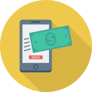 An icon showing a smartphone with a dollar bill being sent through a digital payment system