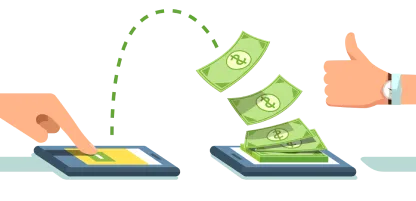 An illustration of money being transferred between two smartphones, symbolizing mobile payments