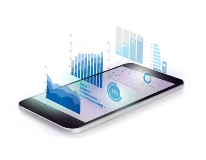A smartphone displaying advanced data visualization charts and graphs